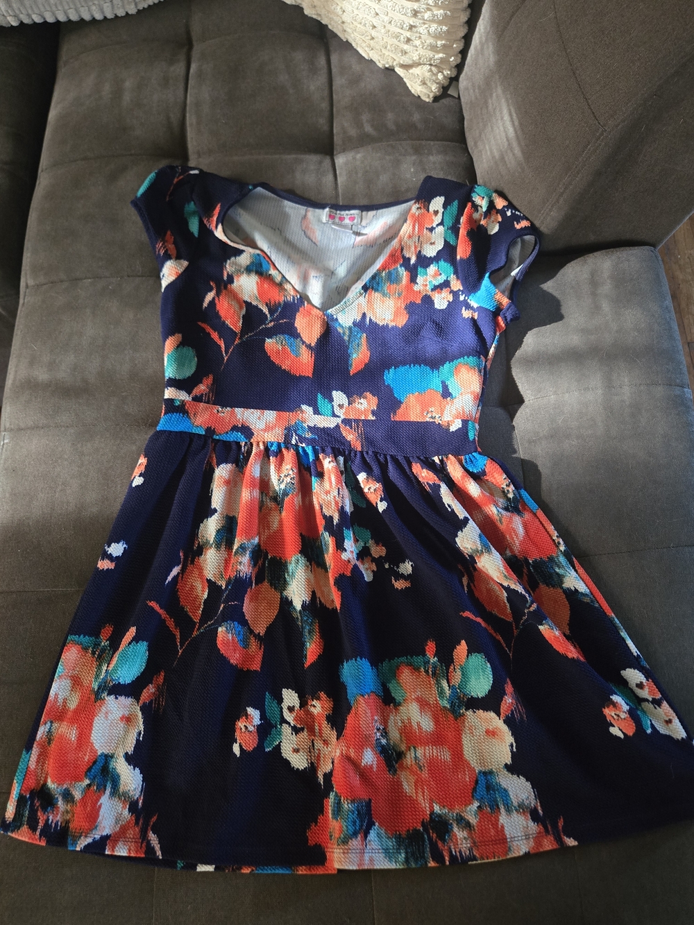 Navy Floral V-Neck Dress - Colorful Bloom Print